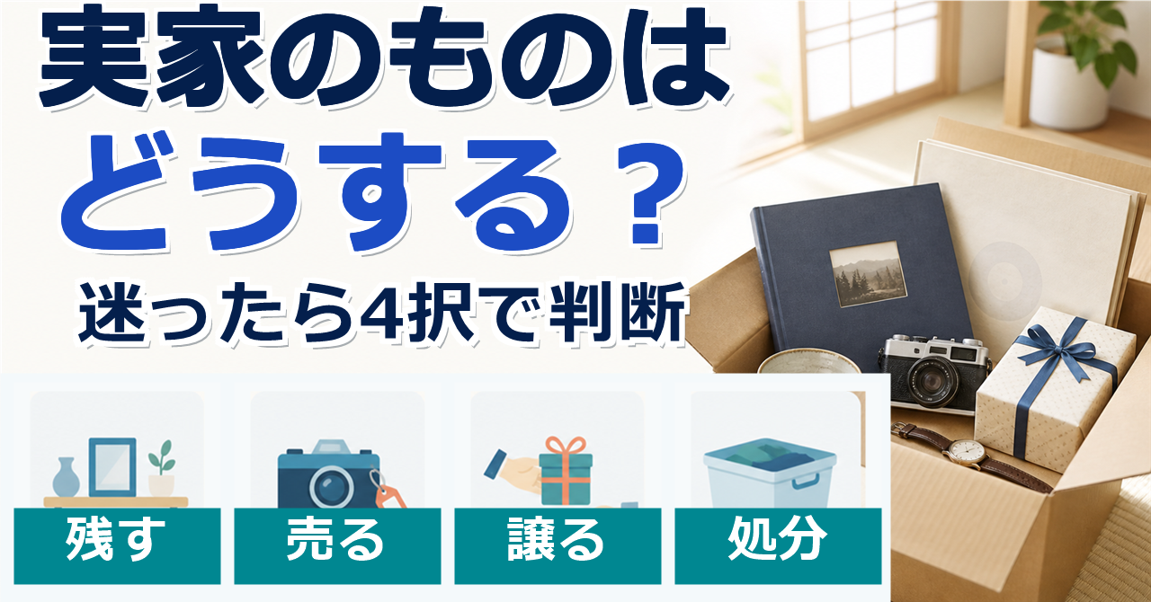 実写調。明るい実家の室内、整理箱と古い品、4つのアイコン