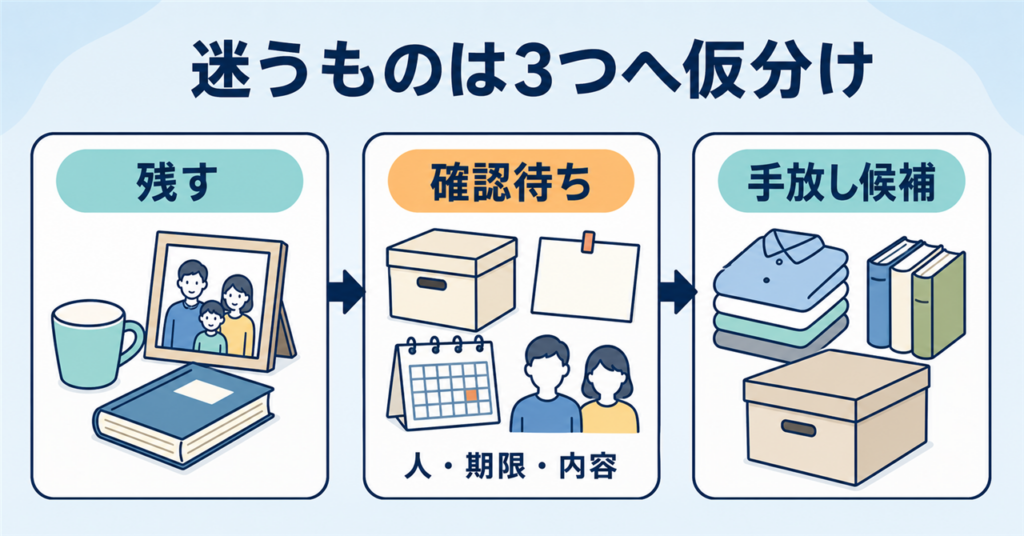 実家のものを残す・確認待ち・手放し候補の3つへ仮分けする整理手順