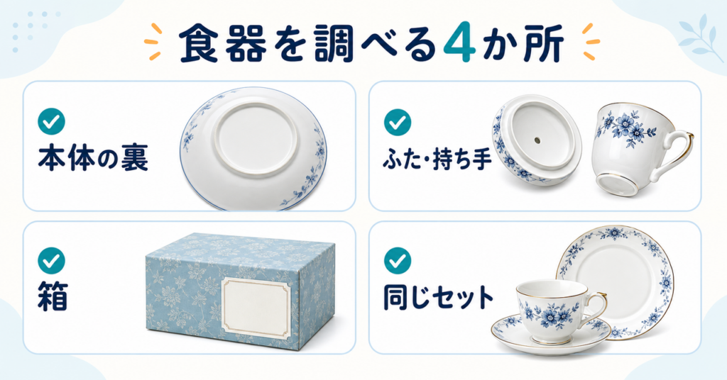 ブランド不明の食器で確認する本体の裏、ふた・持ち手、箱、同じセットの4か所