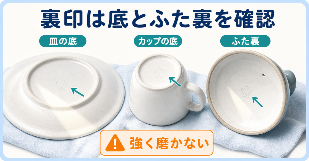 皿の底、カップの底、ふた裏にある裏印を傷めず確認する方法