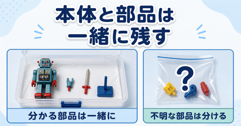 対応が分かる玩具の部品は本体と保管し、不明な部品は分けて残す