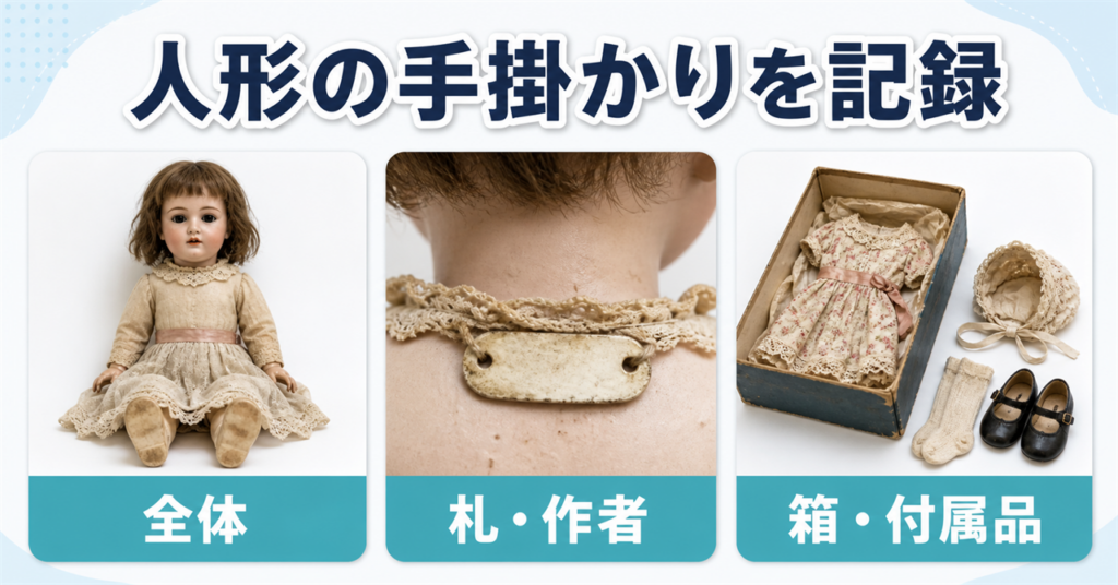 古い人形の全体、札や作者名、箱と付属品を記録するポイント