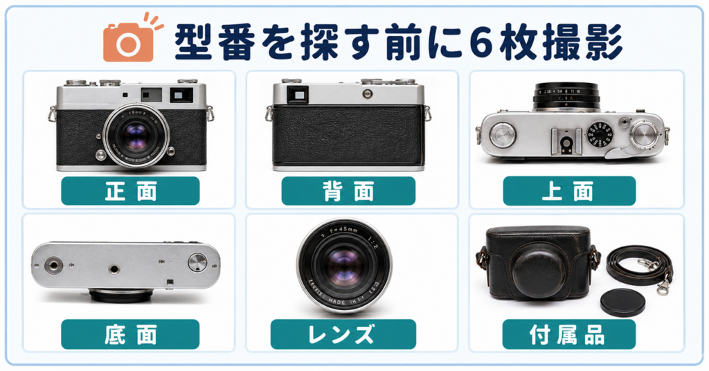 古いカメラを正面、背面、上面、底面、レンズ、付属品の6方向から撮影する手順