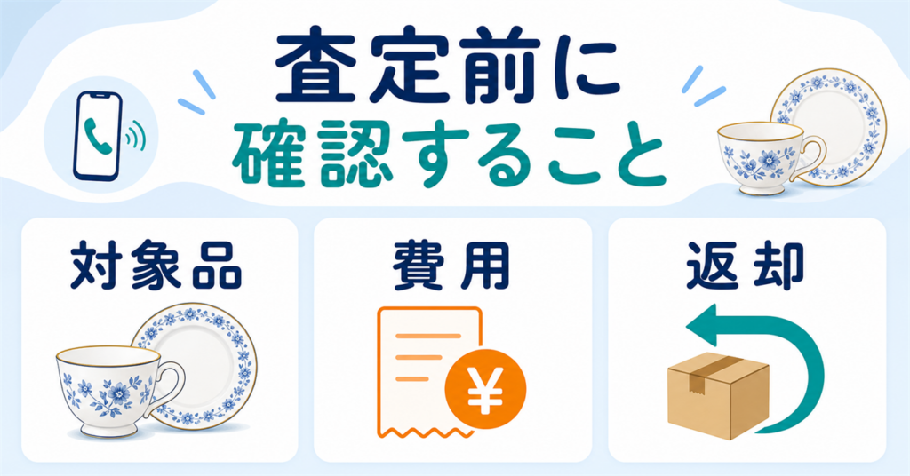 食器の査定前に対象品、費用、返却の条件を確認する図解