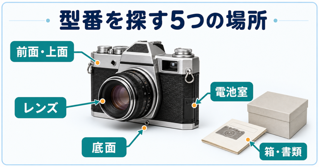古いカメラの型番を前面・上面、底面、レンズ、電池室、箱・書類から探す図解