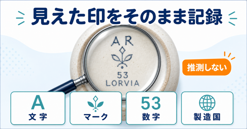 食器の裏印にある文字、マーク、数字、製造国を推測せず記録する