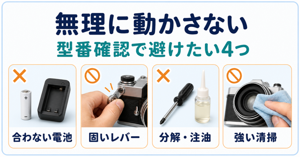 合わない電池、固いレバー、分解・注油、強い清掃を避ける注意点