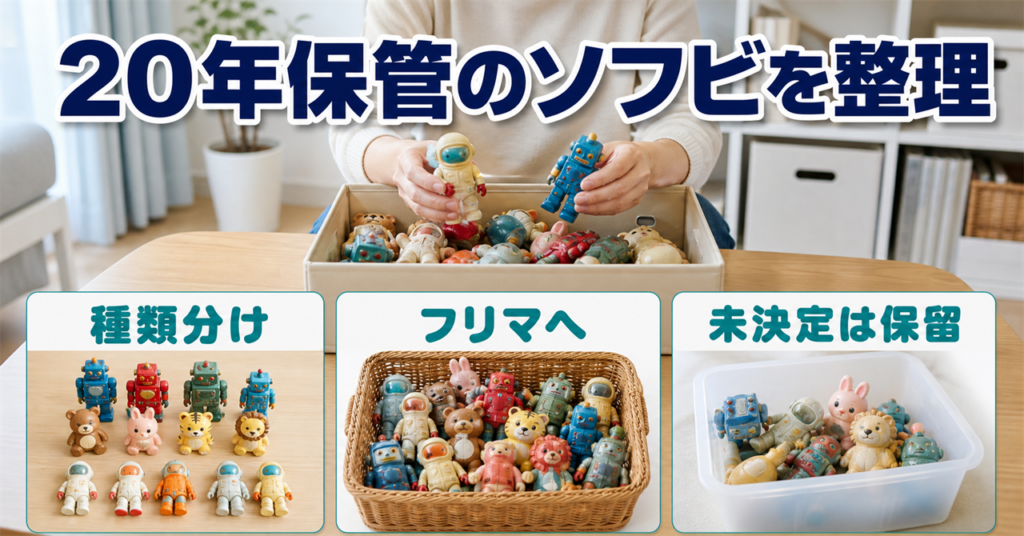 20年保管したソフビを種類分けし、フリーマーケット用と保留へ分ける整理例