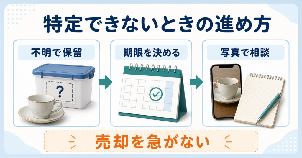 食器のブランドを特定できない場合に保留し、期限を決め、写真で相談する流れ