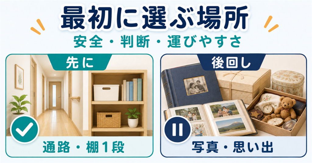 実家の片付けは通路や棚1段から始め、写真や思い出の品を後回しにする図解