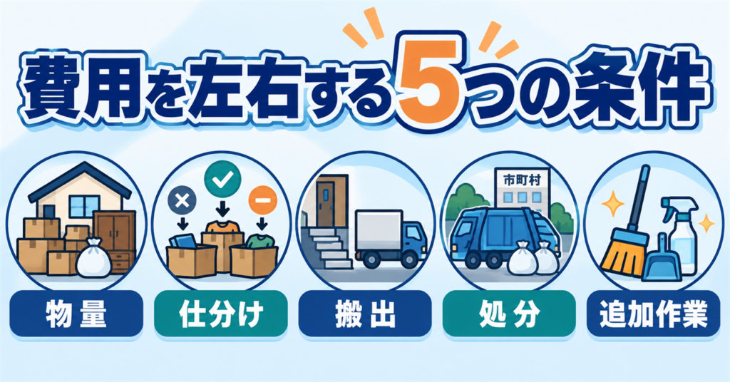 実家の片付け費用を左右する物量、仕分け、搬出、処分、追加作業の5条件