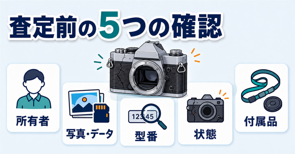 査定より先に確認したい5つのこと」直後。alt:「壊れたカメラの査定前に所有者、写真とデータ、型番、状態、付属品を確認する5項目