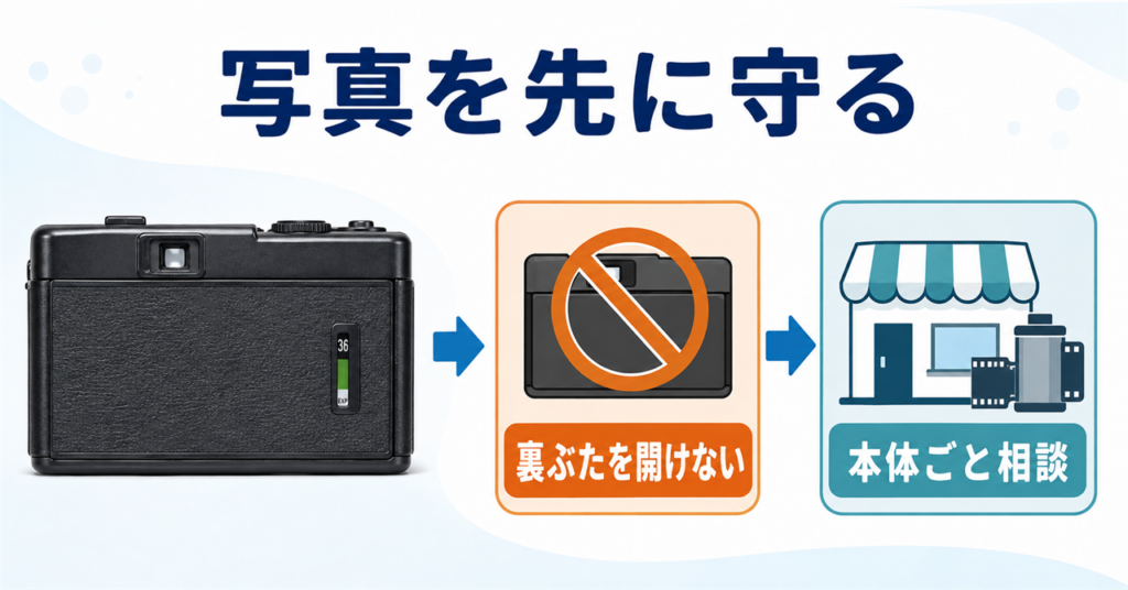 撮影途中のフィルムを守るため、カメラの裏ぶたを開けず本体ごと相談する
