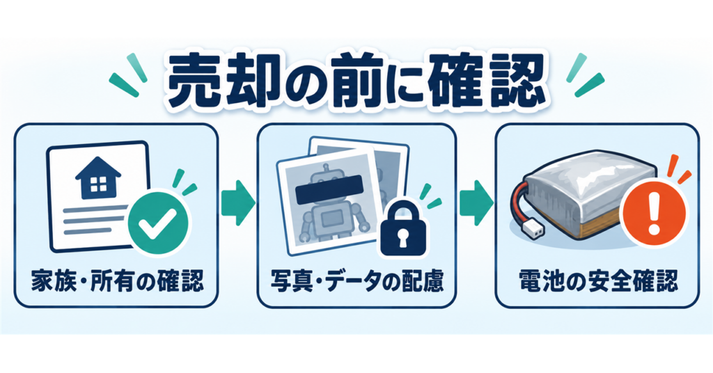 古いおもちゃの査定前に家族の所有、写真と個人情報、電池の安全を確認する流れ