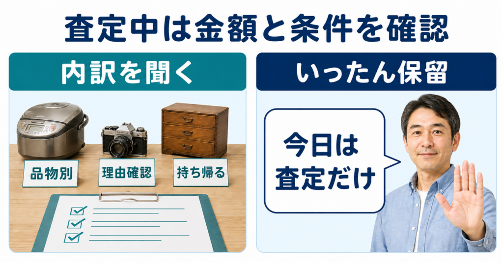 査定中に品物別の内訳と理由を確認し、今日は査定だけと伝えて保留する方法