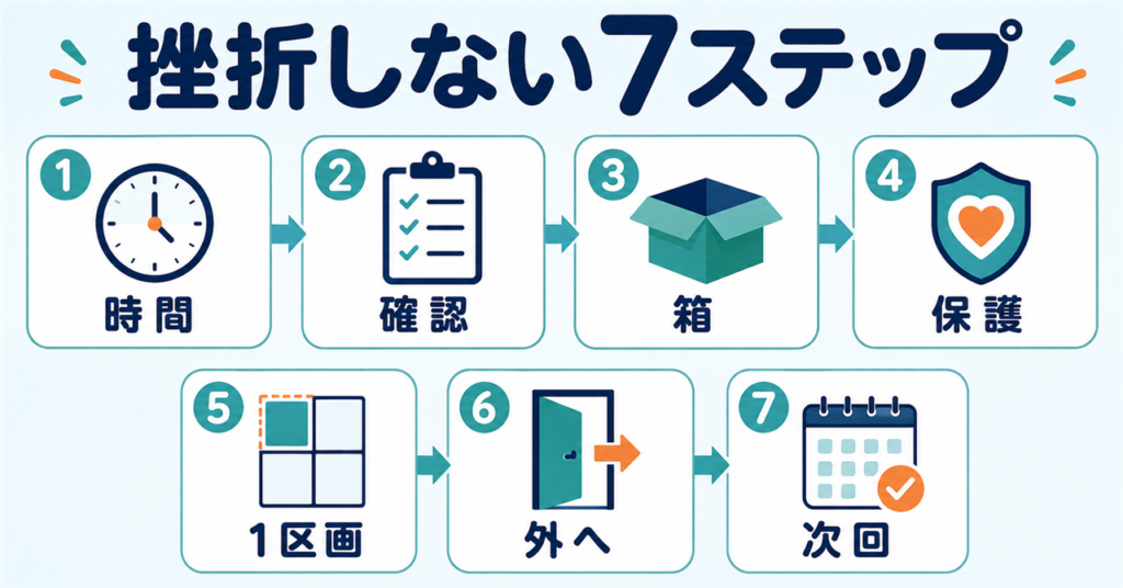 時間設定から次回予定まで実家片付けを進める7ステップの図解