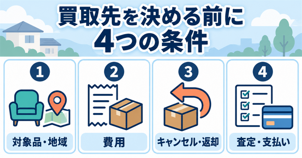 対象・費用・キャンセル・査定の4アイコンチェック図