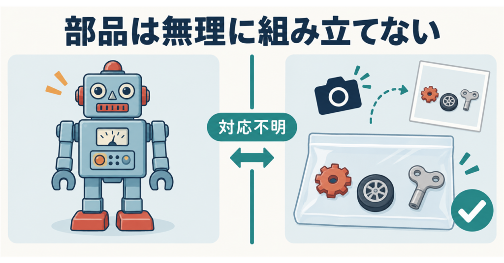 対応不明のおもちゃ部品を無理に組み立てず写真と別袋で保管する方法 |