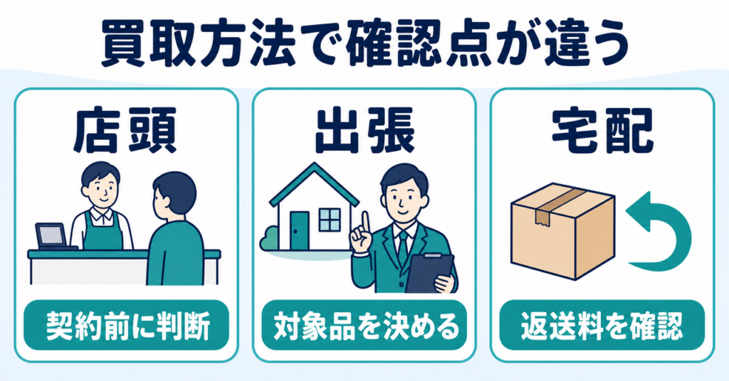 店頭は契約前、出張は対象品、宅配は返送料を確認する買取方法別の違い