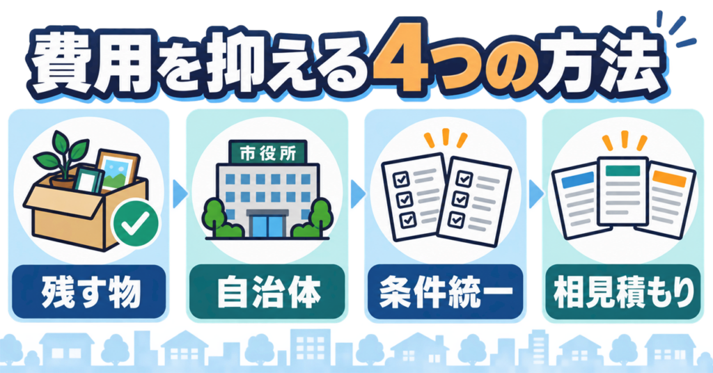 実家の片付け費用を抑える残す物、自治体、条件統一、相見積もりの4つの方法