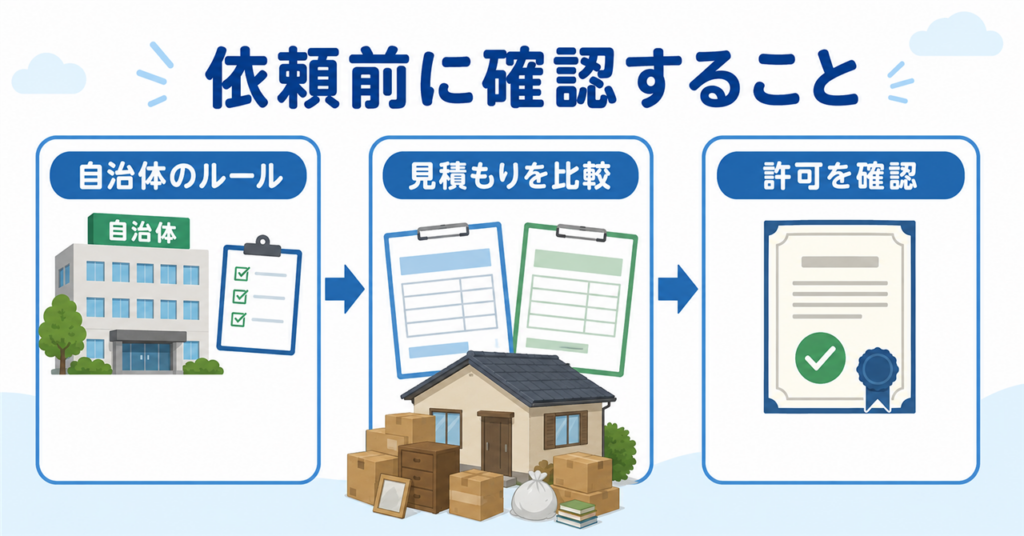 片付けの依頼前に自治体ルール・見積もり・許可を確認する図解