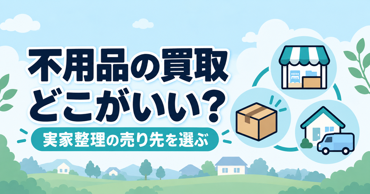 不用品の買取先を選ぶ記事のアイキャッチ。店頭、宅配、出張を表すアイコン