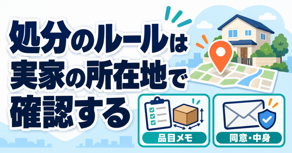 実家所在地の分別案内と、品目メモ・同意や中身の確認を示す図